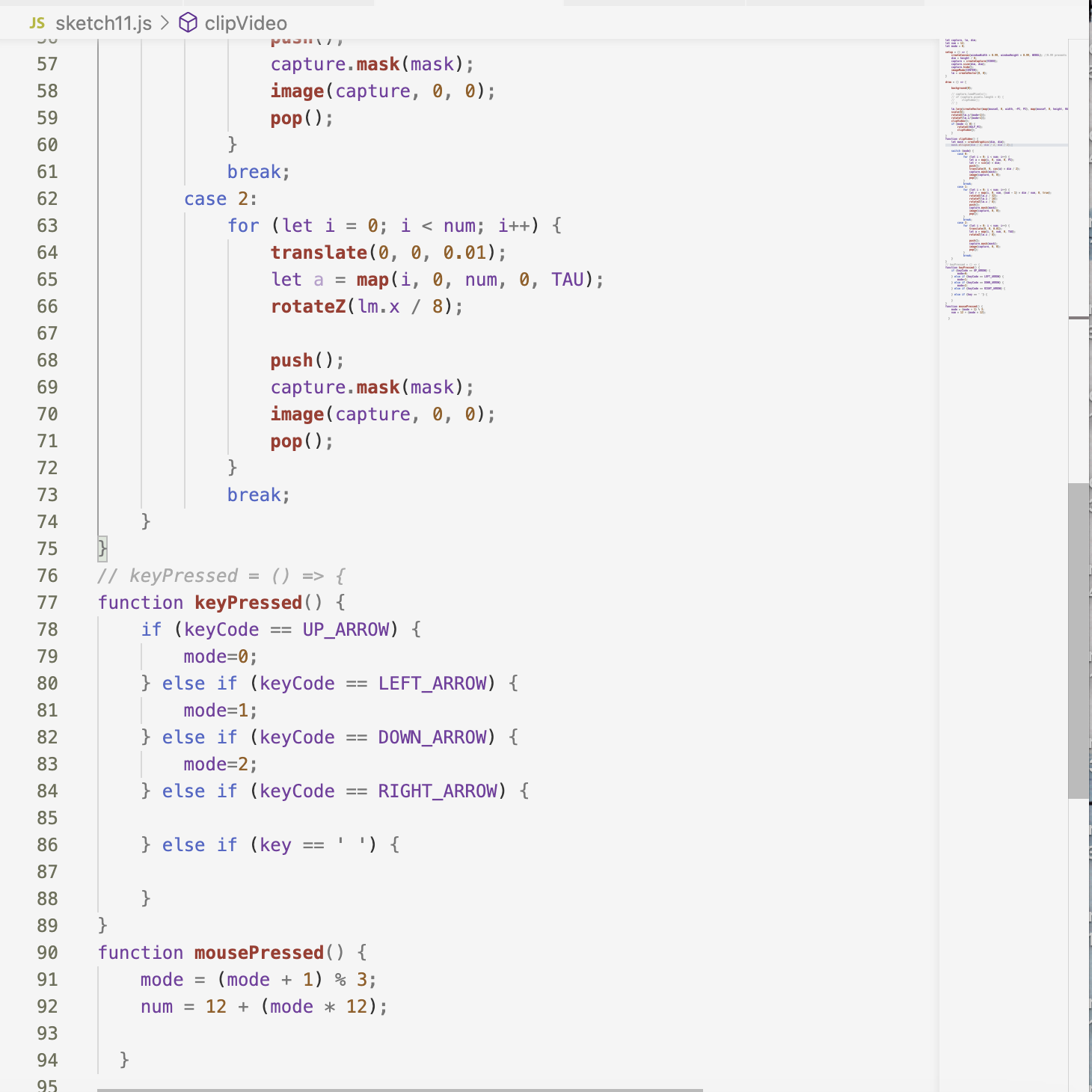 To make it react to key presses, I used the keyPressed() to choose the case in the clipVideo().
